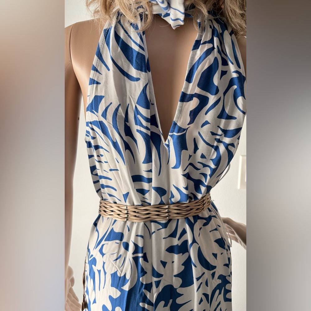 NWT MSK Blue & White Floral Maxi Dress slits on each side, ties on the neck Sz S - Picture 6 of 11